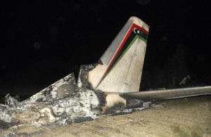 The wreckage of a Libyan military plane is seen in Grombalia
