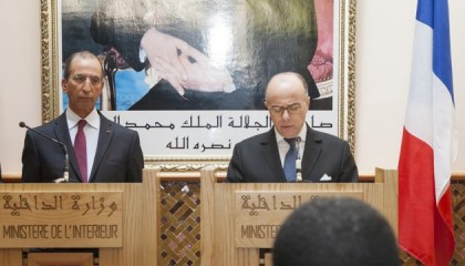 RABAT, MOROCCO - FEBRUARY 14: French Interior Minister Bernard Cazeneuve (R) delivers a speech during a joint press conference with Moroccan Interior Minister Mohamed Hassad (L) at the Ministry in Rabat, Morocco on February 14, 2015. Jalal Morchidi / Anadolu Agency