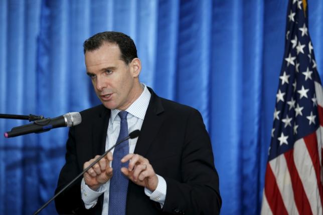 McGurk, the United States’ new envoy to the coalition it leads against Islamic State, speaks to reporters during a news conference at the U.S. embassy in the heavily fortified Green Zone in Baghdad
