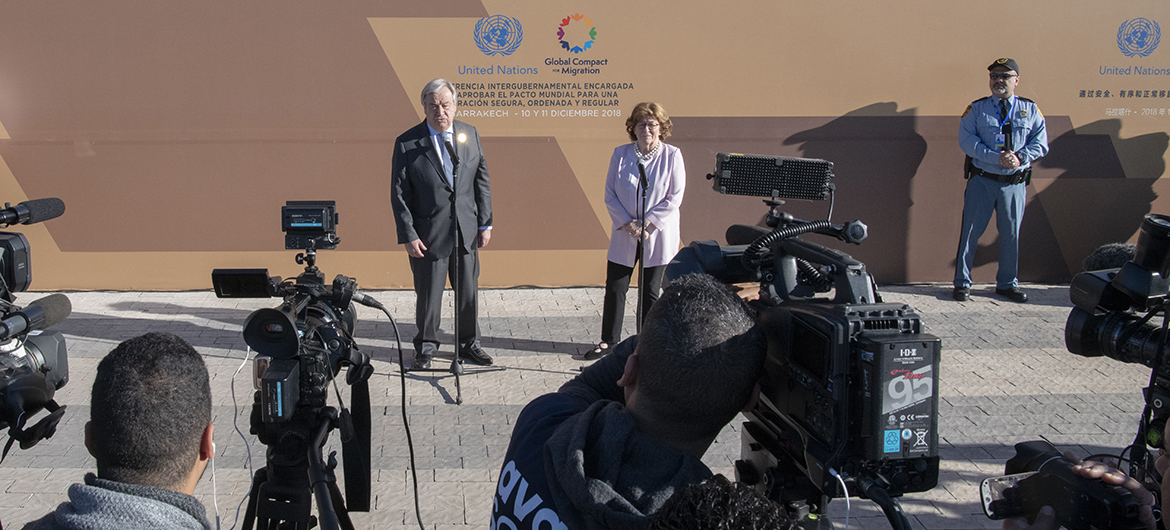 UN Secretary-General António Guterres and Louise Arbour, UN Special Representative for International Migration, hold a stakeout after the opening of Global Compact for Migration Conference in Marrakech, Morocco.  10 December 2018.