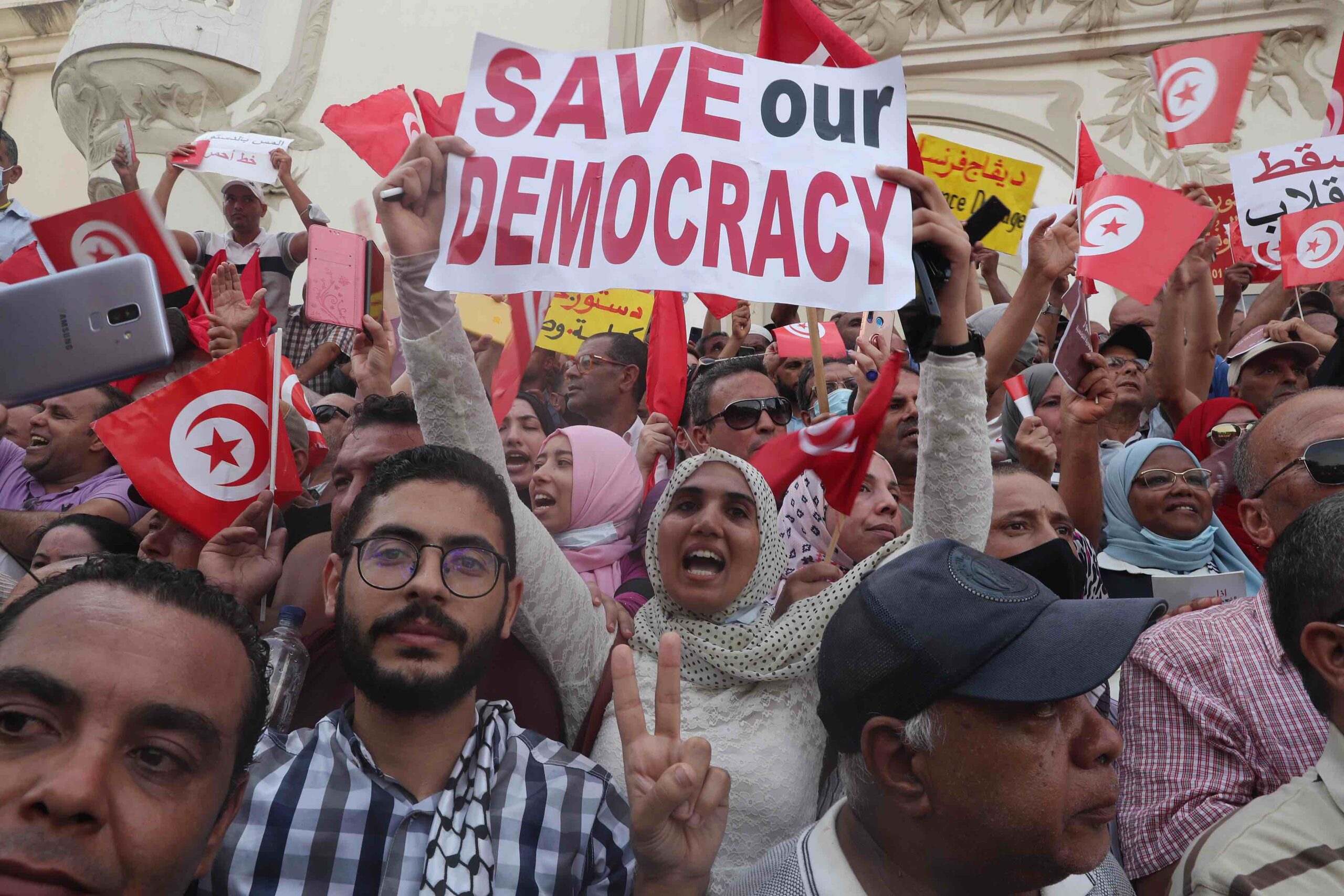 Opponents of Tunisia’s President Kais Saied take part in a protest
