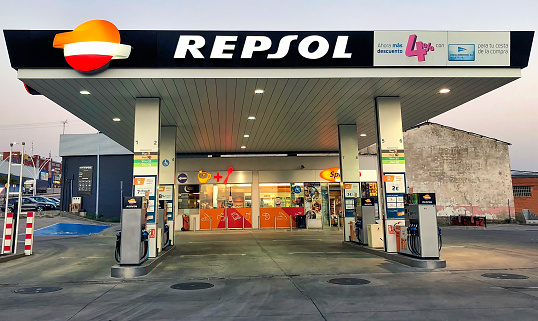View of Repsol gas station located in Ponferrada, Spain.