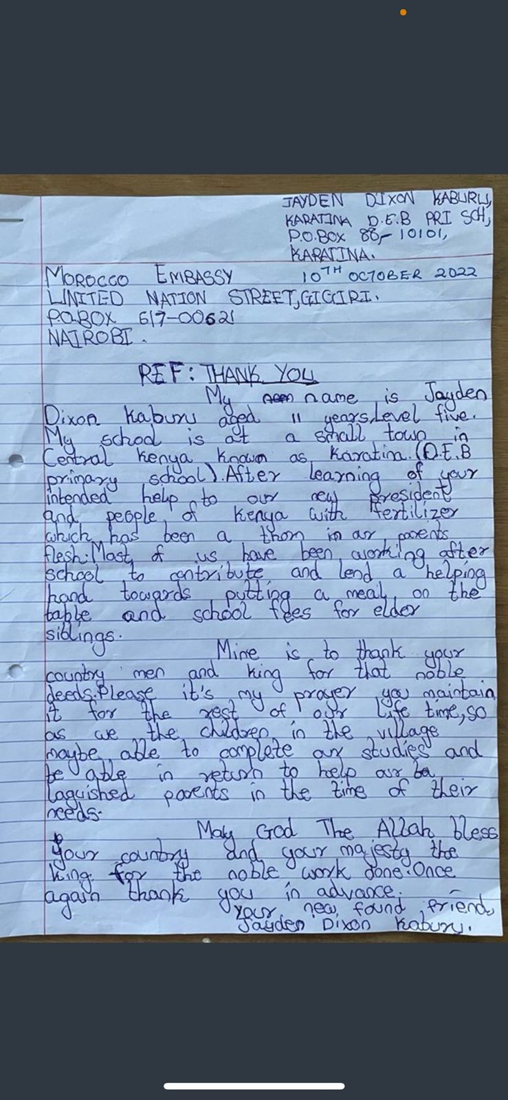 Young Kenyan child sends moving letter of thanks to King Mohammed VI