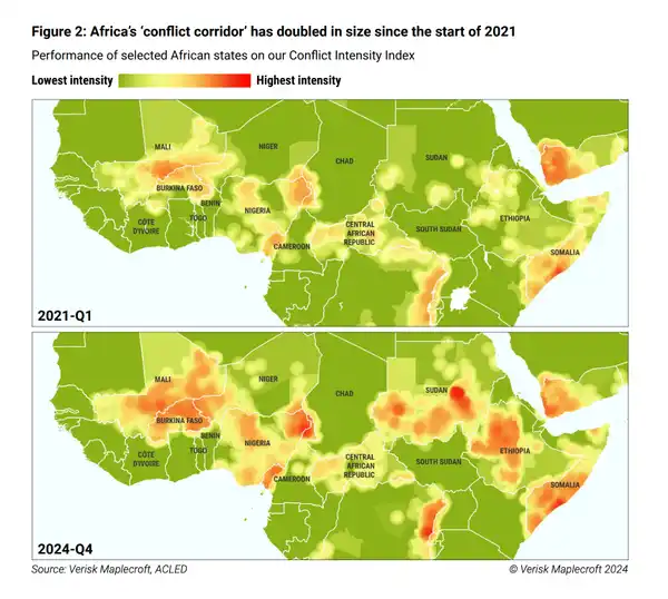 Africa’s ‘conflict corridor’ from Mali to Somalia doubles in size in three years, new report warns